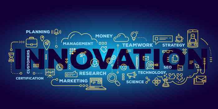 Напис інновації та маркетингові значки